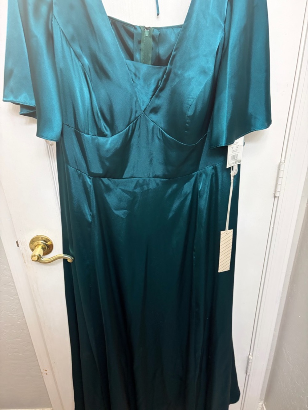 David's Bridal Teal Satin Maxi Dress